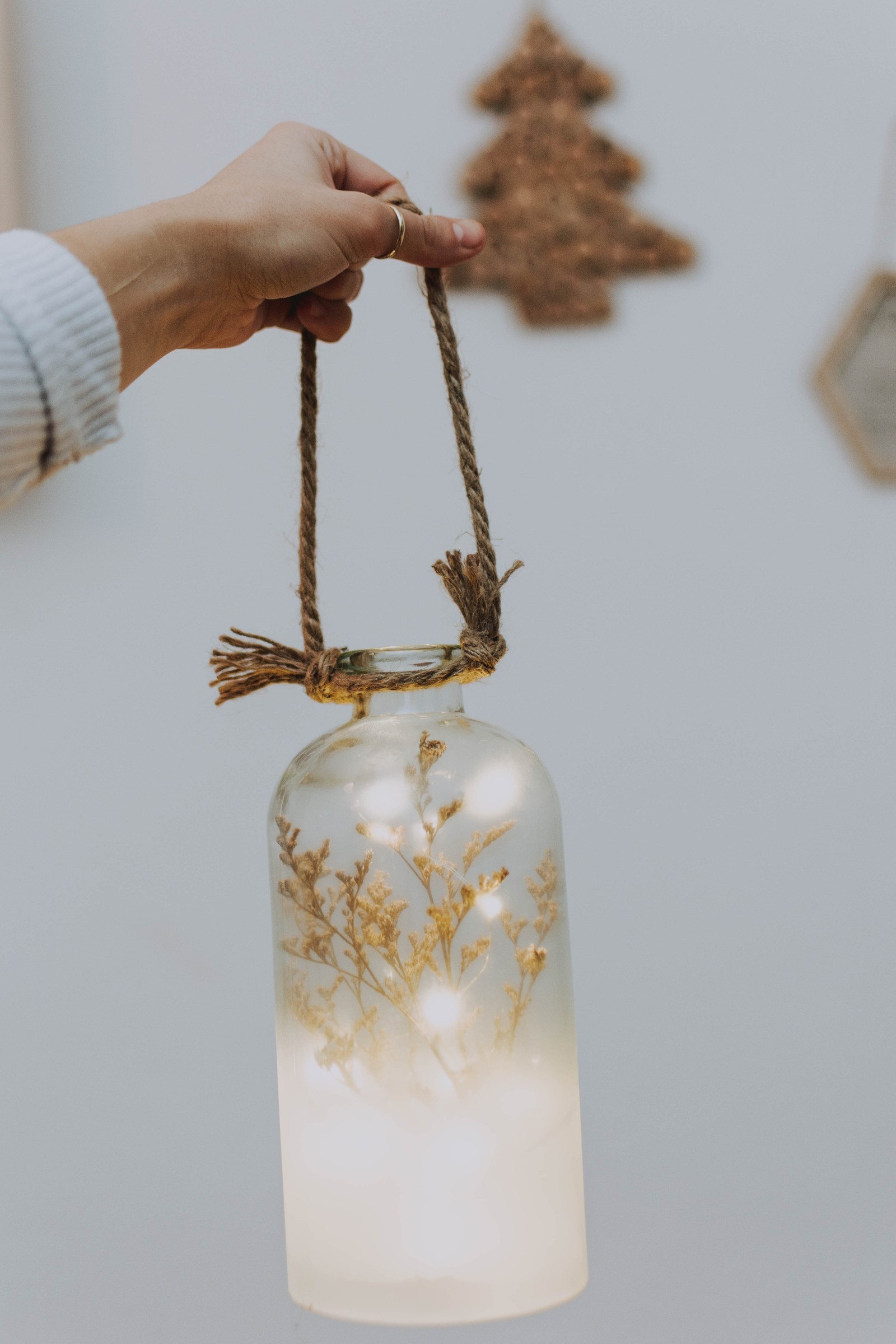 Quelqu'un tenant un bocal en verre avec une ficelle et une bougie à l'intérieur (profondeur de champ, bocal mason, brindille, branche, bouteille en verre)