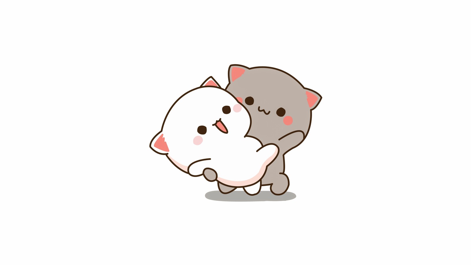 A close up of a cat hugging another cat on a white background (kitty couple, kawaii couple, peach and goma, love couple, white background)