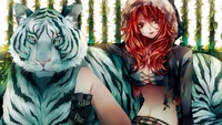 Enchanting Anime Girl with a Majestic White Tiger