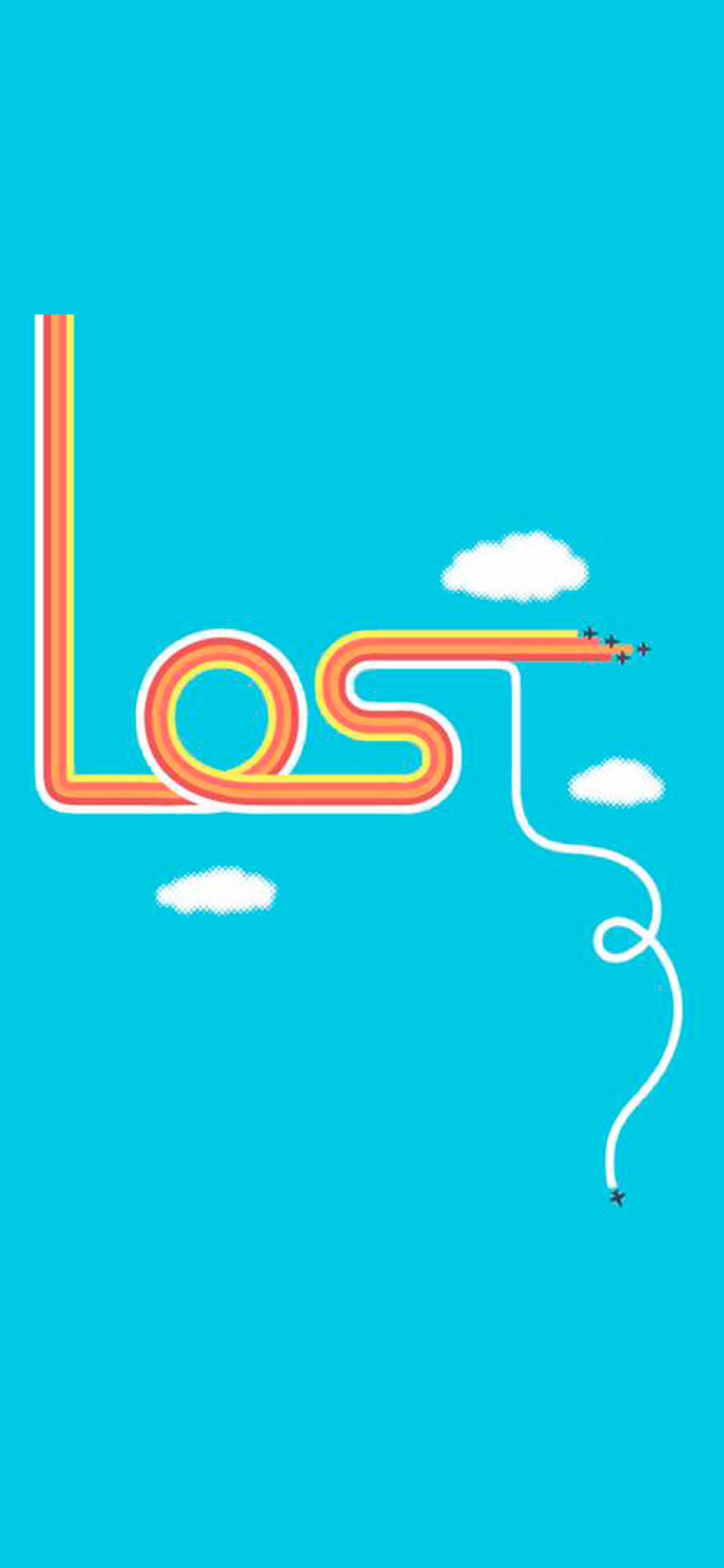 A poster with the word lost written in rainbows and clouds (graphic design, blue, text, aqua, teal)