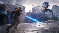 Jedi Confronts AT-ST with Lightsaber in Star Wars Jedi: Fallen Order