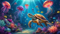 Colorful Underwater Scenery with Turtle and Jellyfish