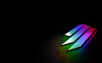 Logotipo geométrico colorido con un diseño elegante, que presenta tres líneas estilizadas sobre un fondo oscuro, realzado por suaves reflejos y sutil iluminación.