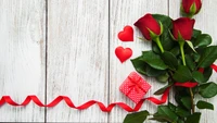 Romantic Red Roses with Gift and Hearts for Valentine's Day