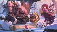 Braum, Teemo und Lulu arbeiten an einem schneereichen Abenteuer in League of Legends Kunst