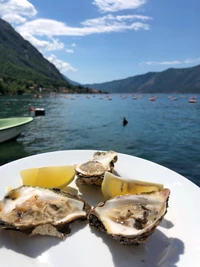 Ostras frescas con limón sobre un pintoresco lago de montaña