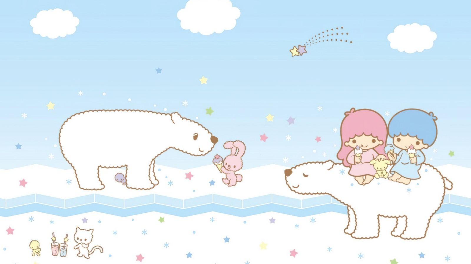 Deux petites filles montant sur un ours polaire (little twin stars, ours polaire, sanrio, kiki et lala, kiki and lala)