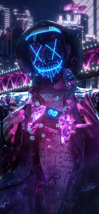 Neon-Gamer in einer lebhaften Stadtlandschaft mit leuchtender Maske und Controller