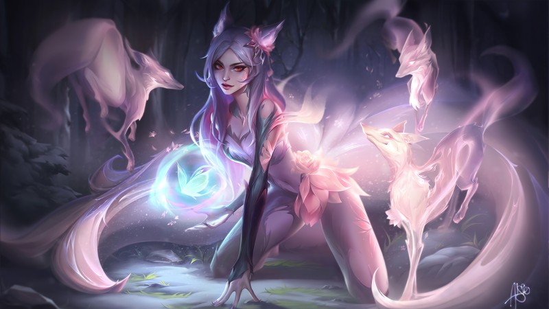 Женщина с кошкой и светящимся шаром в руке (league of legends, lol, видеоигра, ахри, ahri)