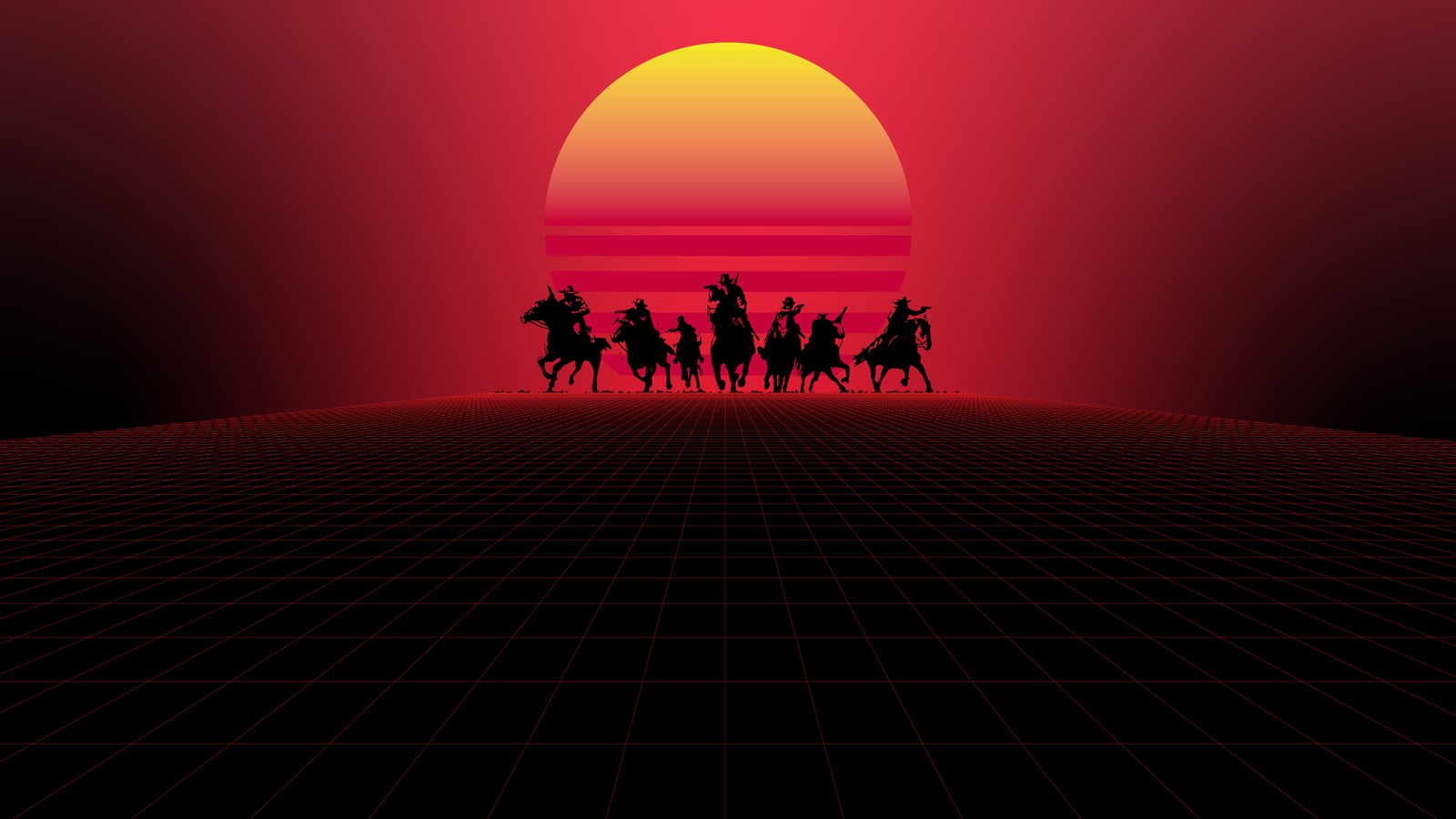 Un groupe de personnes à cheval devant un coucher de soleil (red dead redemption, red dead redemption 2, rouge, cheval, silhouette)