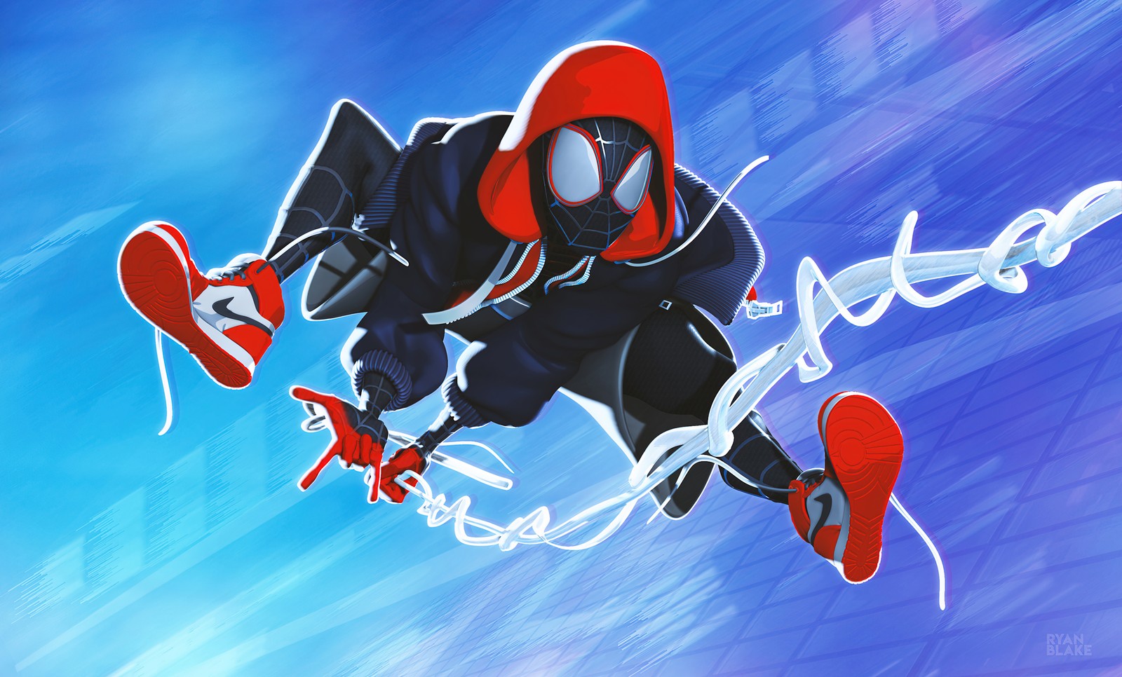 Spider-man dans le ciel avec ses chaussures rouges (miles morales, spider man new generation, spider man into the spider verse, art numérique, marvel comics)