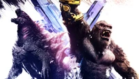 Confronto épico entre Godzilla e Kong em um cartaz de filme dinâmico para "Godzilla x Kong: O Novo Império.