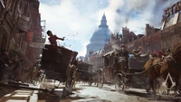 Dynamische Stadtszene in Assassin's Creed Syndicate mit pferdegezogenen Wagen und historischer Architektur