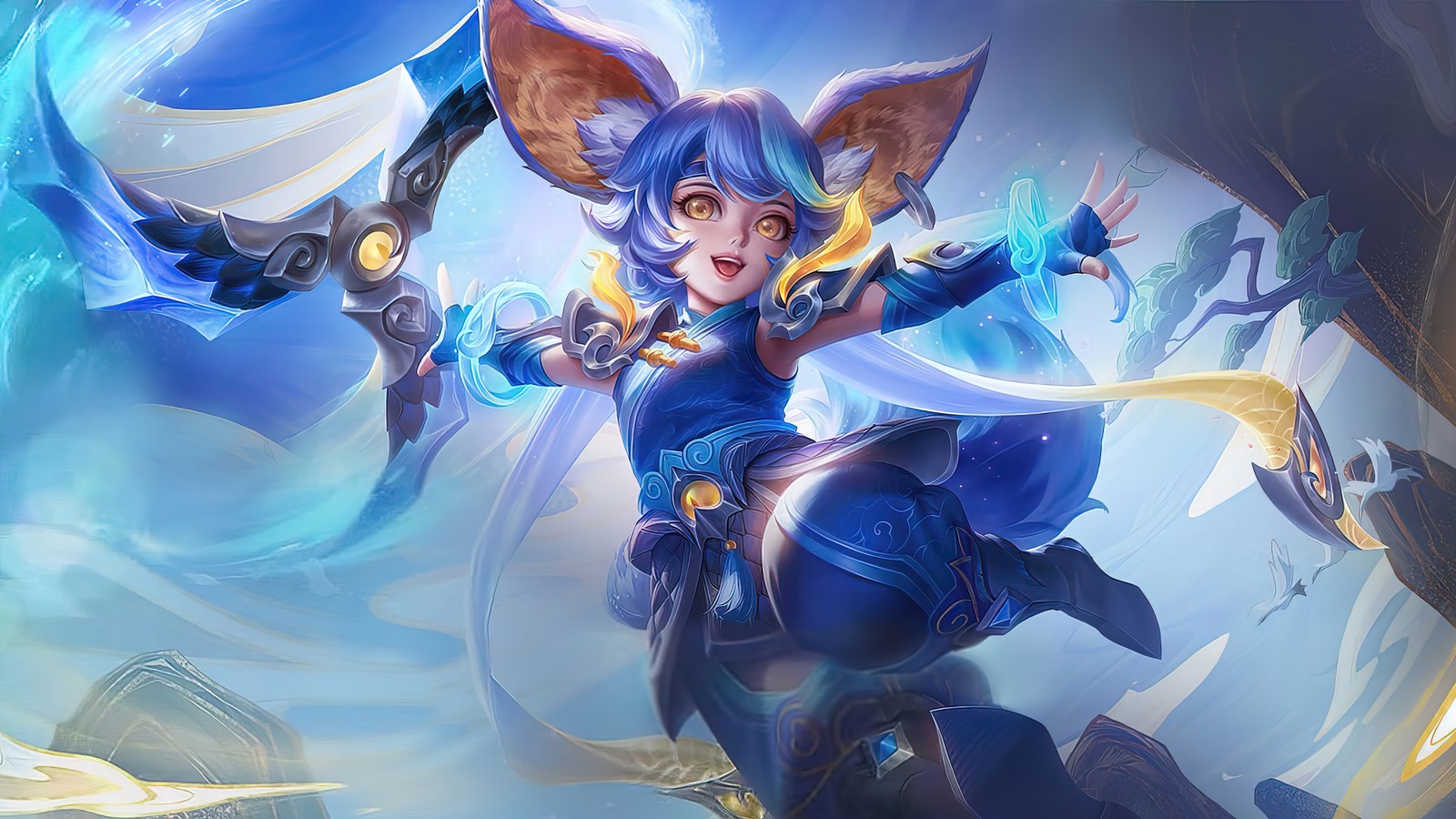 A woman in a blue outfit holding a sword and flying through the air (nana, aqua pura, skin, mobile legends, bang bang)