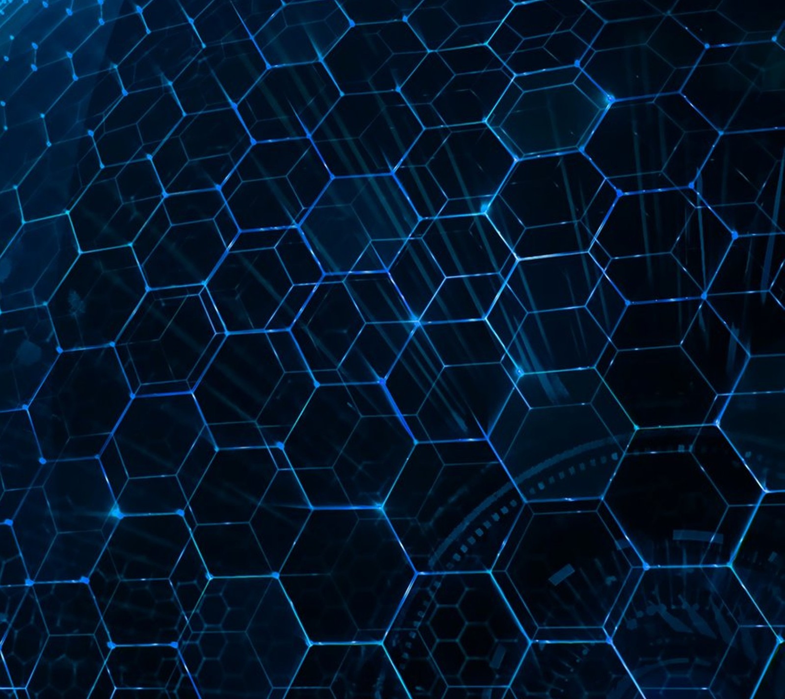 A close up of a blue hexagonal background with a bitcoin (blue, dna, droid, wallpaper)