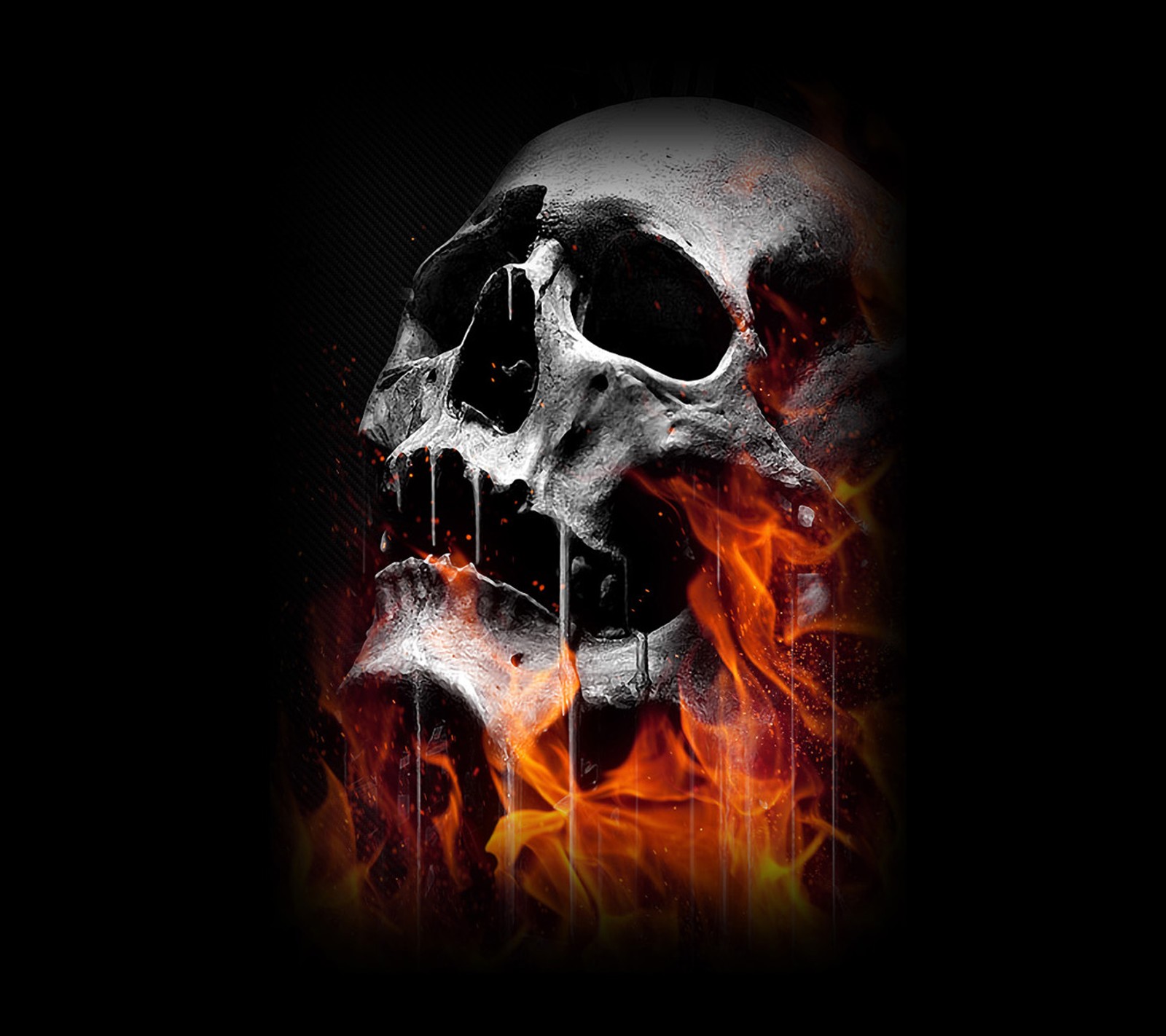 A close up of a skull with flames on a black background (dark, fire, skull)