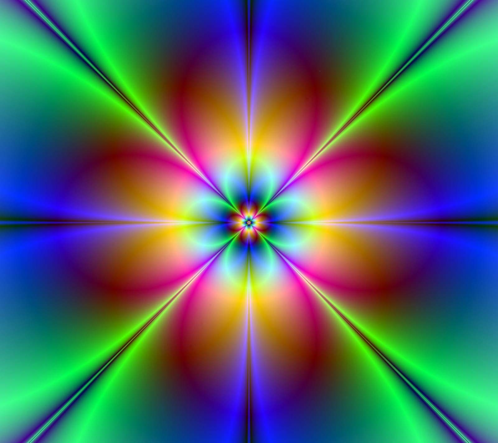 A colorful flower with a green center and blue center (fractal, neon)