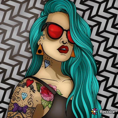 Portrait coloré d'une femme à la mode avec des tatouages et des accessoires audacieux