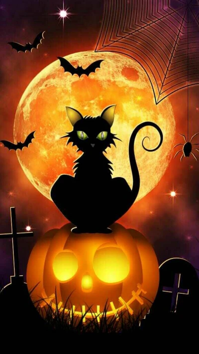 Spooky Black Cat on Pumpkin Under Full Moon