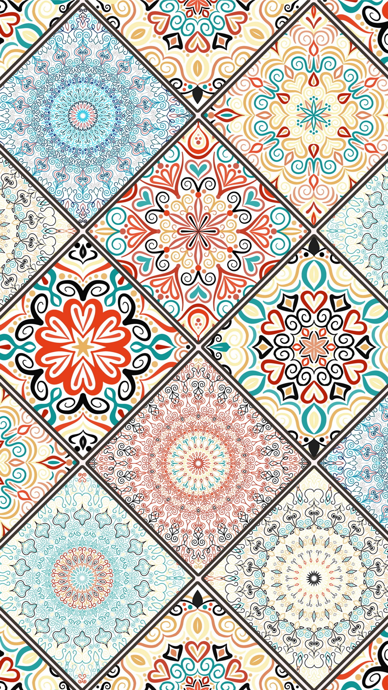 A close up of a patchwork pattern with many different colors (abstract, art, colorful, flowers, pattern)