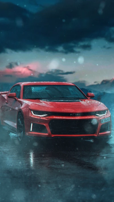 Sleek Red Mustang Sport Car in a Dramatic Landscape