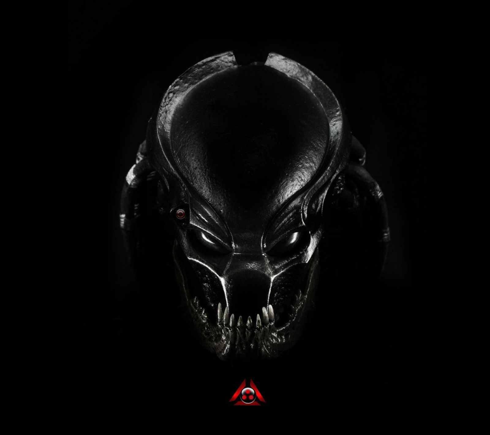 A close up of a predator mask with a black background (avp, berserker, movie, predator)