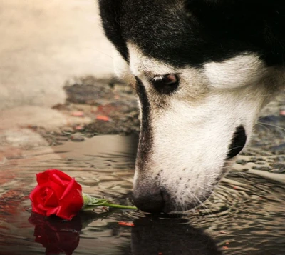 Un husky regarde pensivement une rose rouge reflétée dans une flaque.