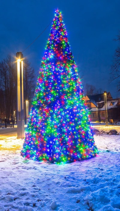 Árbol de Navidad vibrante iluminado en un entorno festivo nevado