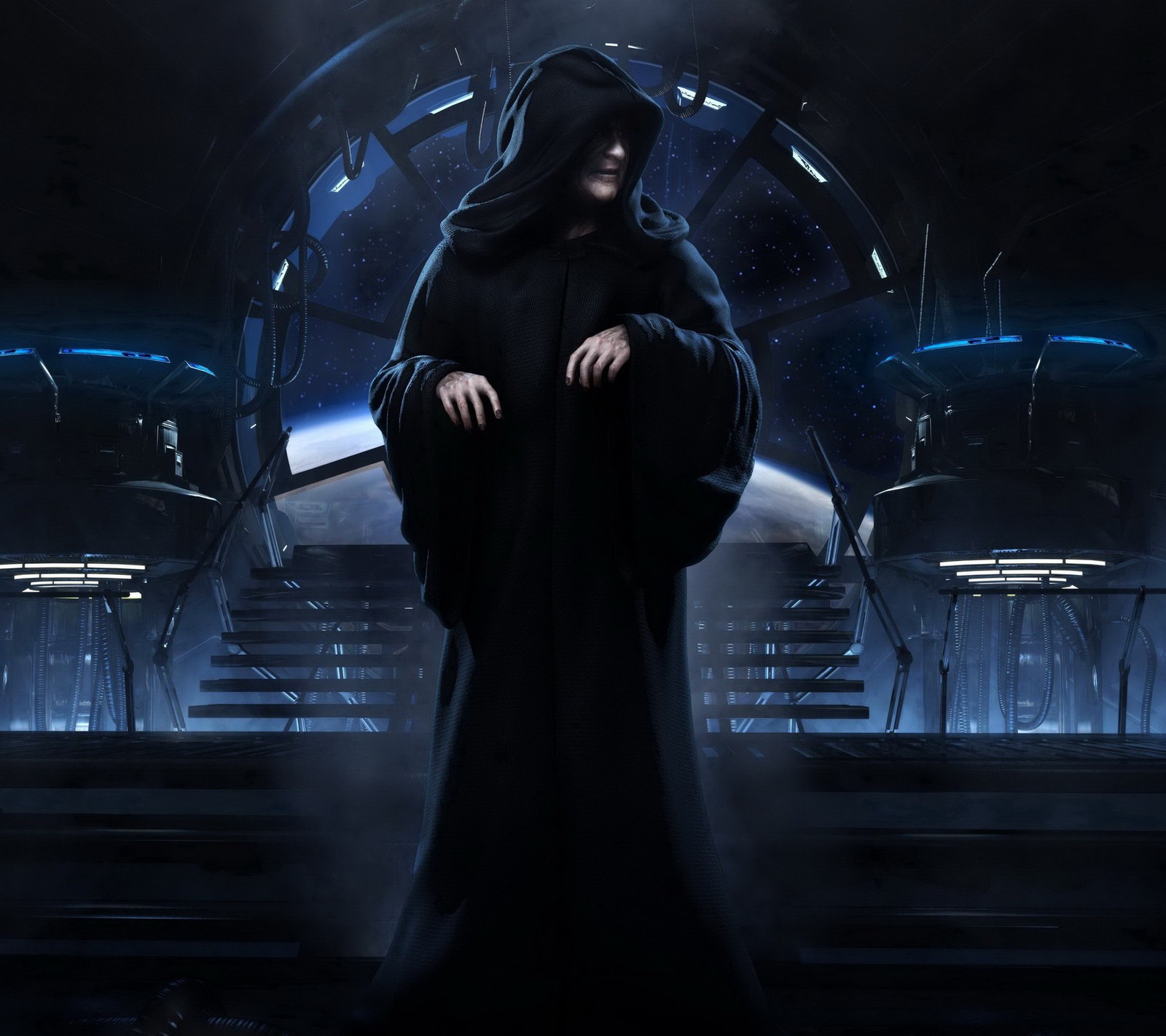 Arafed image of a man in a hooded robe standing in a dark room (star, wars)