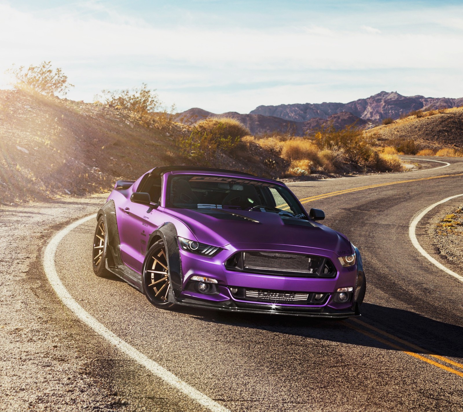 Um mustang roxo estacionado em uma estrada sinuosa no deserto (americano, motor, ford, músculo, mustang)