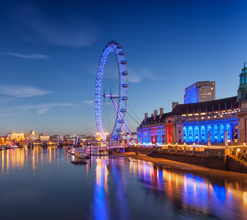 Арафедский вид на колесо обозрения и реку ночью. (озеро, лондон, london, ночь, закат)