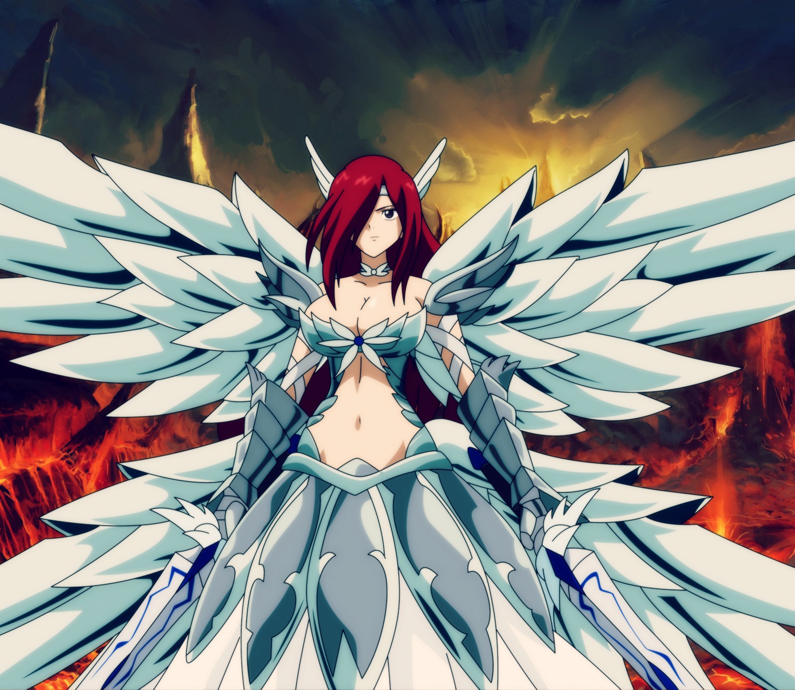 Eine frau mit roten haaren und flügeln steht vor einem feuer (erza, fairy tail)