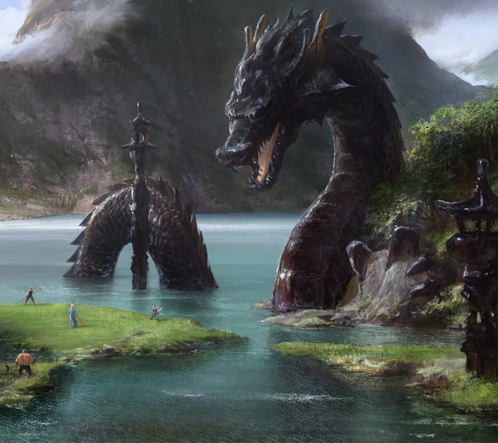 Lade drache, drake, berg, ophidian, fluss Hintergrund herunter