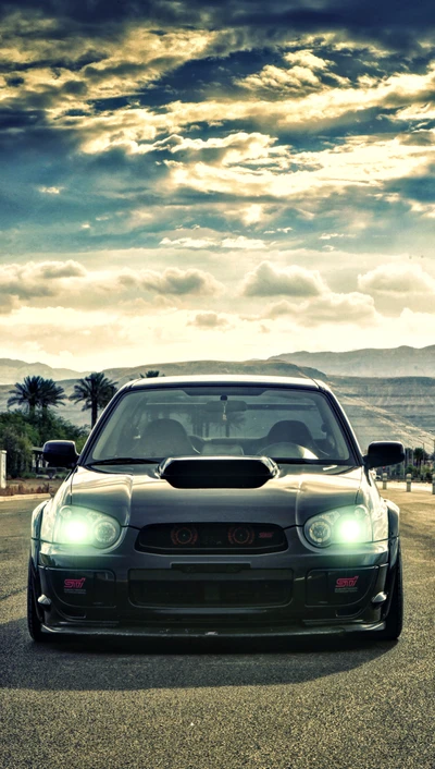 Dynamic Subaru STI Against a Dramatic Sky