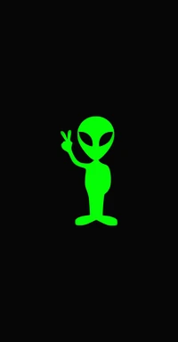 A playful green alien giving a peace sign against a black background.