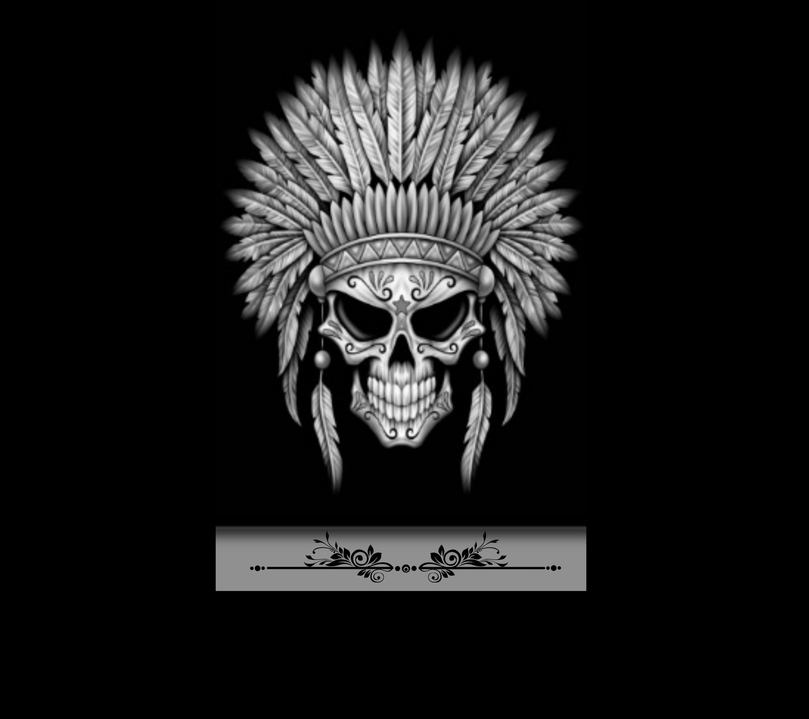 A black and white photo of a skull wearing a native headdress (chief, dark, war)