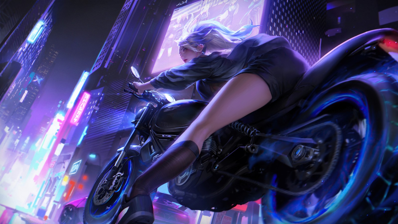 Garota anime andando de moto em uma cidade à noite (akali, kda, motocicleta, o mais malvado, league of legends)