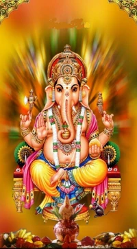 Représentation vibrante de Lord Ganapati, la divinité hindoue de la sagesse et de la prospérité, ornée de bijoux complexes et entourée de symboles d'abondance.