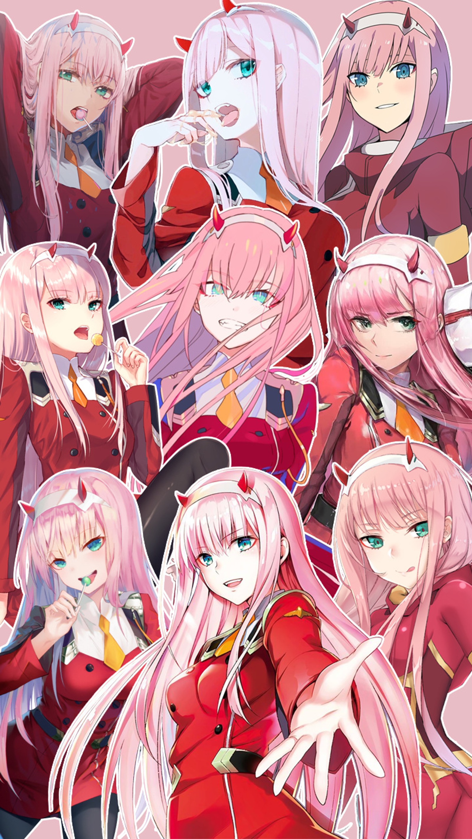 Personagens de anime com cabelos longos e rosas e olhos azuis posando para uma foto (anime, fofo, darlinginthefranxx, menina, manga)