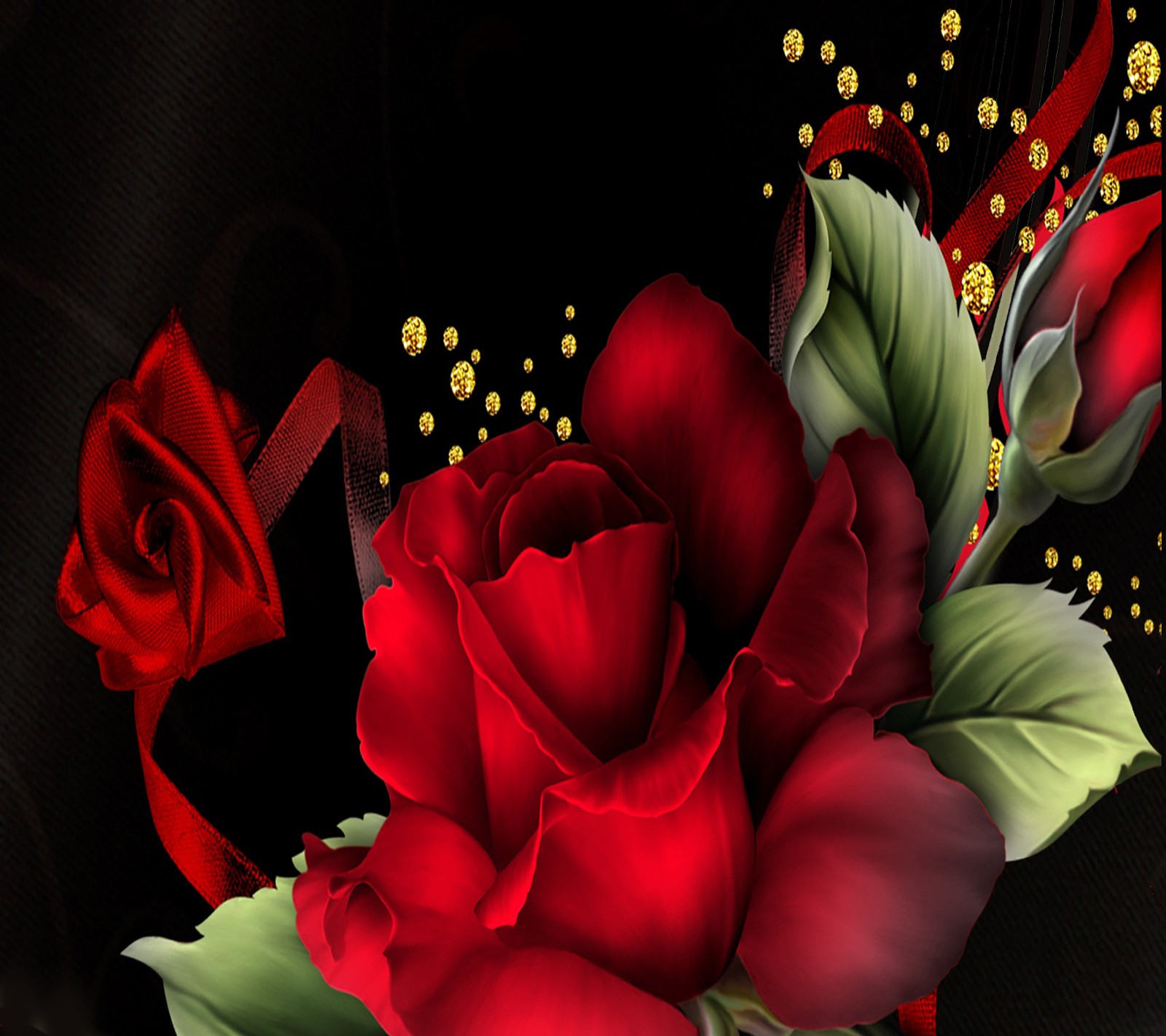 There is a red rose with green leaves and a red ribbon (floral, red roses)