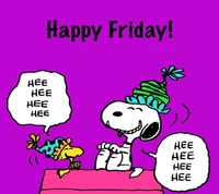 Happy Friday with Snoopy and Woodstock celebrating joyfully!