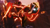 Miles Morales en un traje futurista, surcando un vibrante paisaje urbano con energía eléctrica, encarnando la esencia de Spider-Man de Marvel en PlayStation 5.