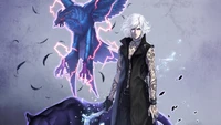 V aus Devil May Cry 5 mit seinen beschworenen familiars, einem Panther und einem Vogel, der seine geheimnisvolle und mächtige Präsenz zeigt.