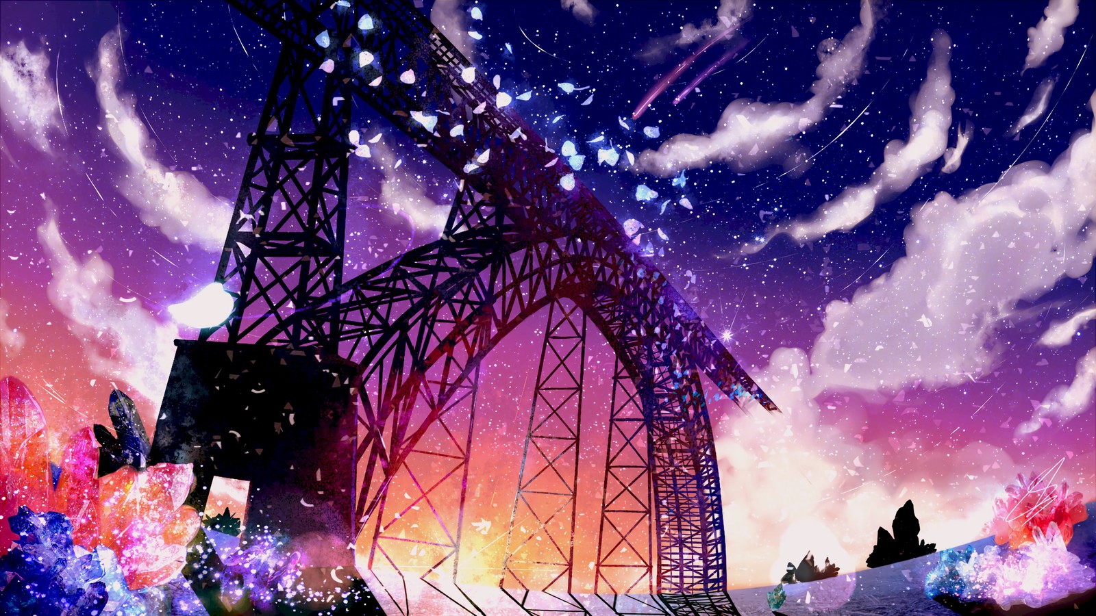 A painting of a roller coaster ride with a sky background (artist, architecture, sky, art, nature)