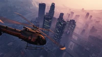 Vista de helicóptero de una metrópoli en el mod de Grand Theft Auto V