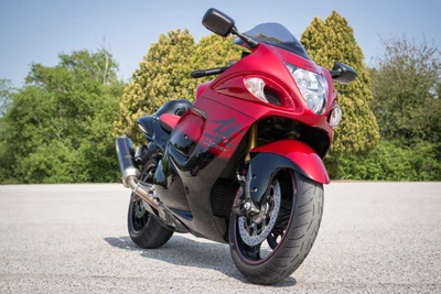 Sleek Red Sport Bike Against a Lush Green Background