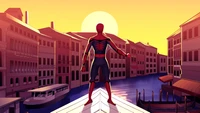 Spider-Man surplombant un coucher de soleil vibrant dans un paysage urbain de dessin animé