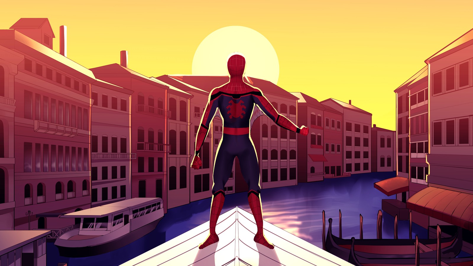 Spider-man está de pie en un saliente que da a un canal en una ciudad (spider man, diseño gráfico, superhéroe, ilustración, caricatura animada)