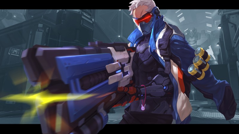 Мужчина в синем и красном костюме с оружием (солдат 76, soldier 76, overwatch, видеоигра)