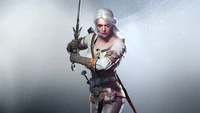 Ciri de The Witcher 3: Wild Hunt, pronta com sua espada, incorpora o espírito de uma feroz guerreira em uma ilustração dinâmica de figura de ação.